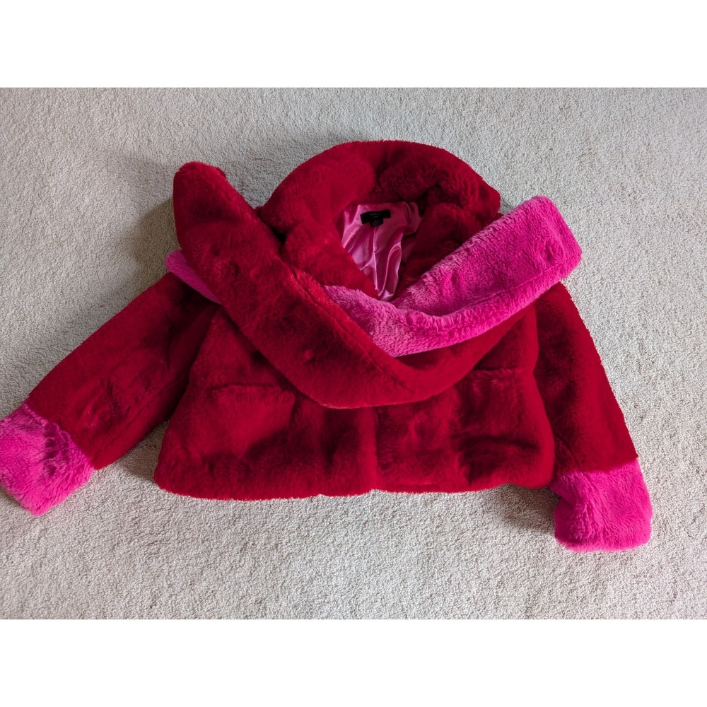 Levivel Faux Fur Red Pink Fluffy Jacket with Scarf One Size Large NWT